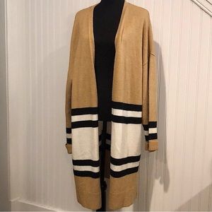 TOPSHOP Women’s Camel Ivory Black Stripes Open Cardigan Sweater Size 10 NWT